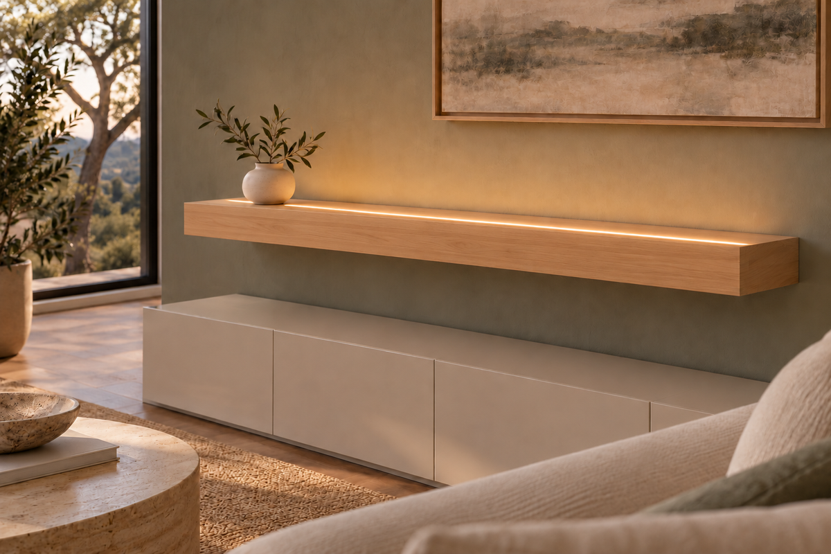 Natural Clear Alder floating shelf — Top Front LED-ready — Rubio Monocoat Pure