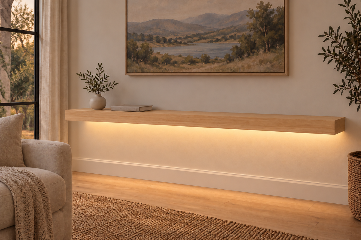 Natural Clear Alder floating shelf — Bottom Front LED-ready — Rubio Monocoat Pure