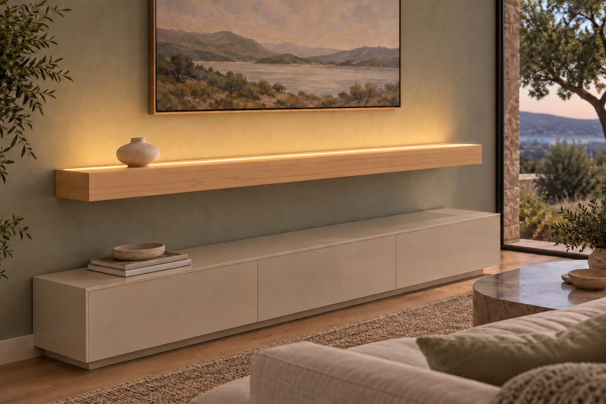 Natural Clear Alder floating shelf — Top Front LED-ready — Rubio Monocoat Pure