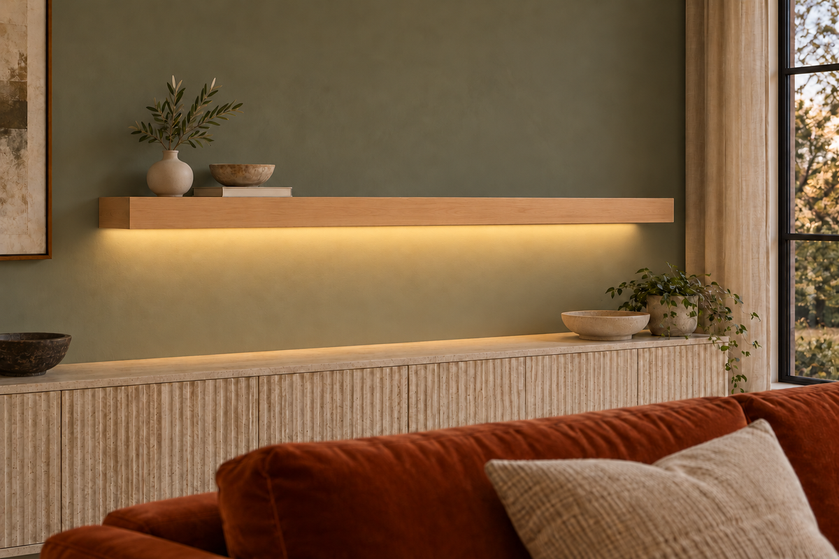 Natural Clear Alder floating shelf — Bottom Rear LED-ready — Rubio Monocoat Pure