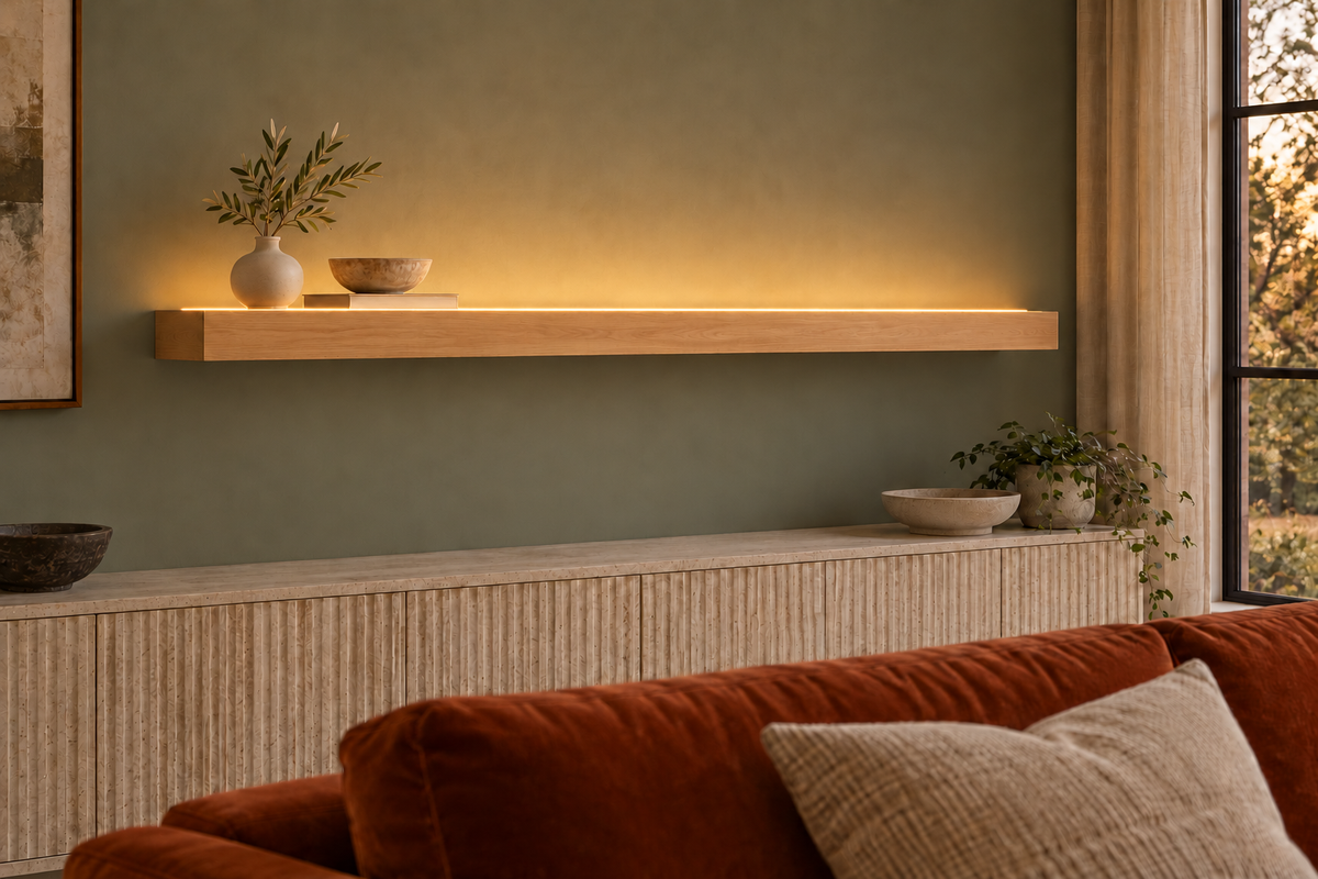 Natural Clear Alder floating shelf — Top Front LED-ready — Rubio Monocoat Pure