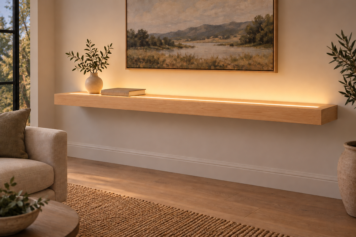 Natural Clear Alder floating shelf — Top Front LED-ready — Rubio Monocoat Pure