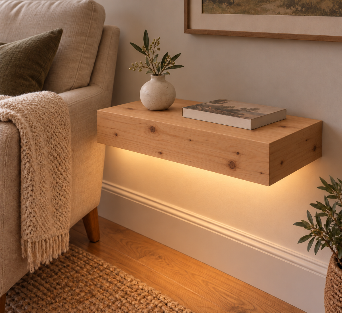 18-inch long, 3-inch thick unfinished knotty alder floating shelf, standard mount, LED-ready Bottom Front location shown with separately supplied lighting