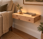 18-inch long, 3-inch thick unfinished knotty alder floating shelf, standard mount, LED-ready Top Front location shown with separately supplied lighting