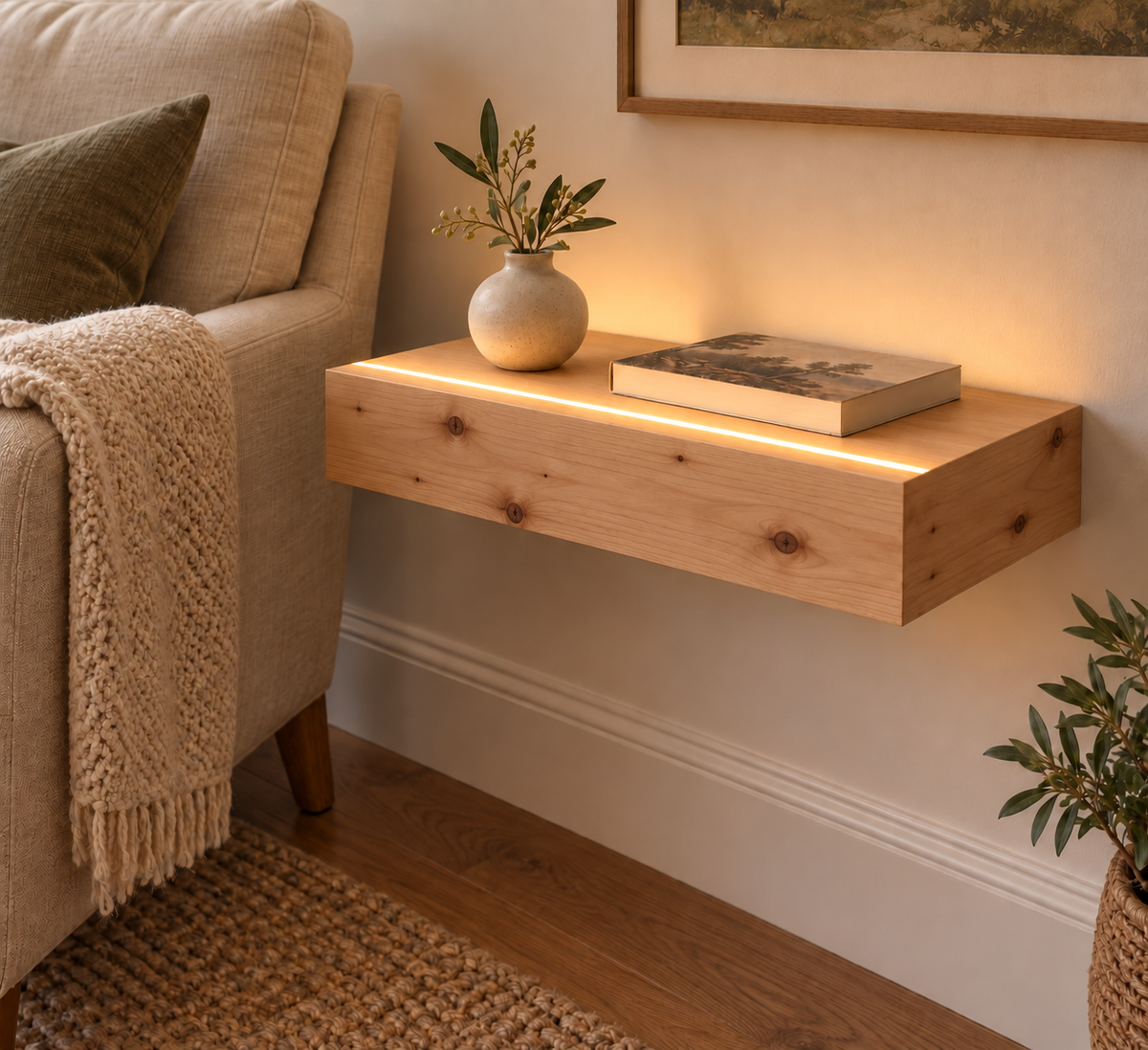 18-inch long, 3-inch thick unfinished knotty alder floating shelf, standard mount, LED-ready Top Front location shown with separately supplied lighting