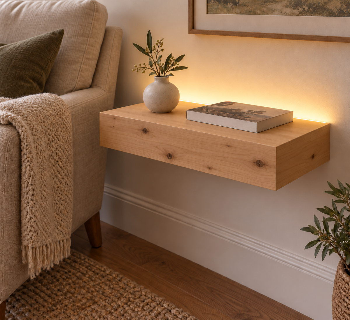 18-inch long, 3-inch thick unfinished knotty alder floating shelf, standard mount, LED-ready Top Rear location shown with separately supplied lighting