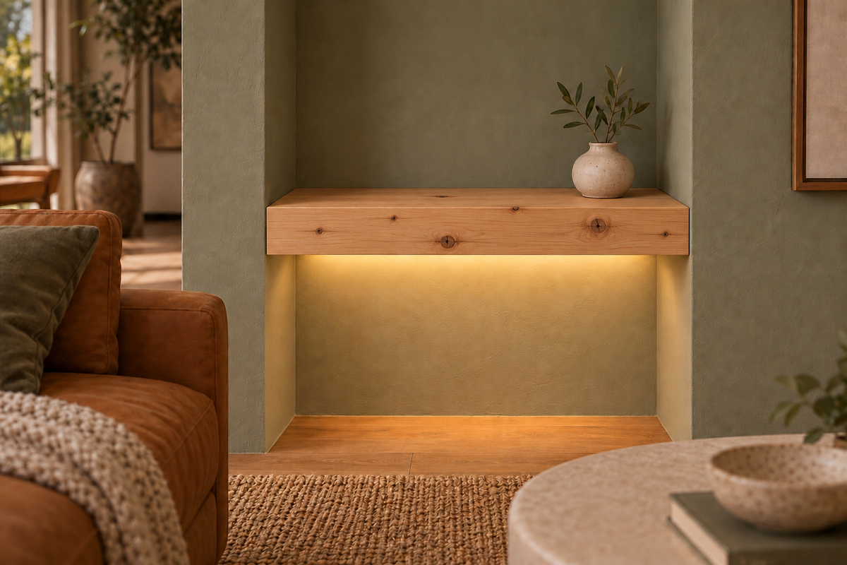 Unfinished knotty alder shelf 18-inch long, 3-inch thick wall to wall unfinished led bottom front — room rendering; LED tape and electrical components supplied separately
