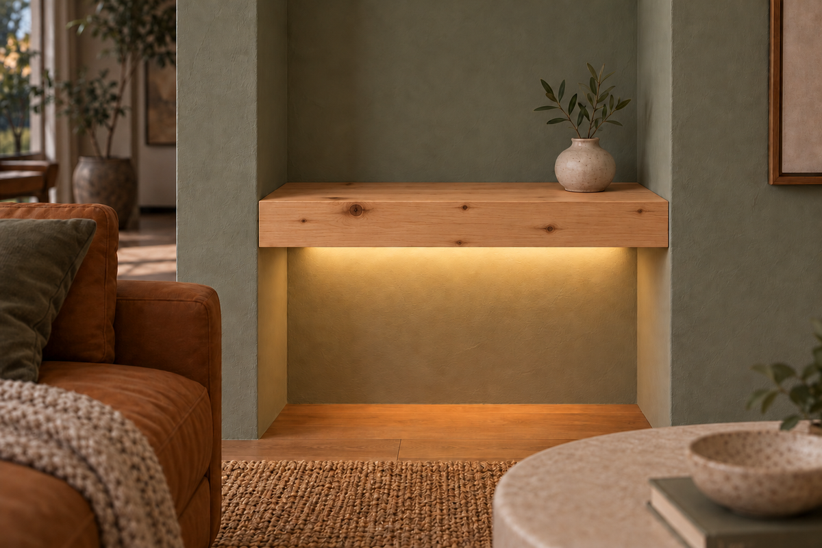 Unfinished knotty alder shelf 18-inch long, 3-inch thick wall to wall unfinished led bottom rear — room rendering; LED tape and electrical components supplied separately