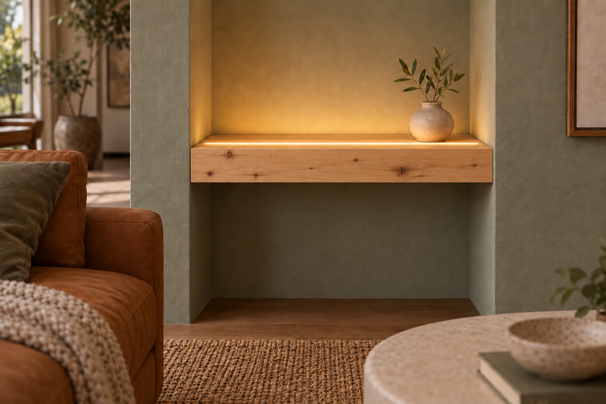 Unfinished knotty alder shelf 18-inch long, 3-inch thick wall to wall unfinished led top front — room rendering; LED tape and electrical components supplied separately