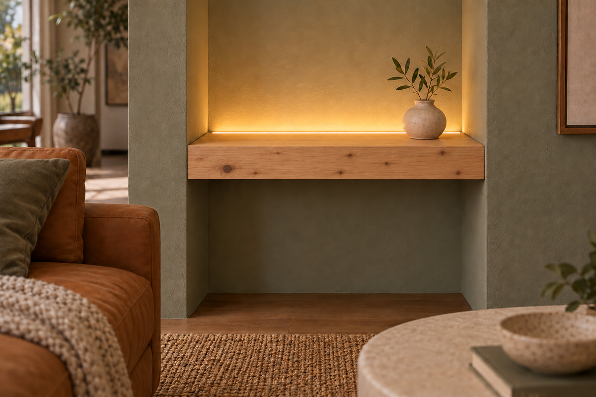 Unfinished knotty alder shelf 18-inch long, 3-inch thick wall to wall unfinished led top rear — room rendering; LED tape and electrical components supplied separately
