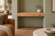 Gentry Stinson Knotty Alder Floating Shelf | 18″ long × 3″ thick | Wall to Wall | Unfinished — unlit living-room rendering