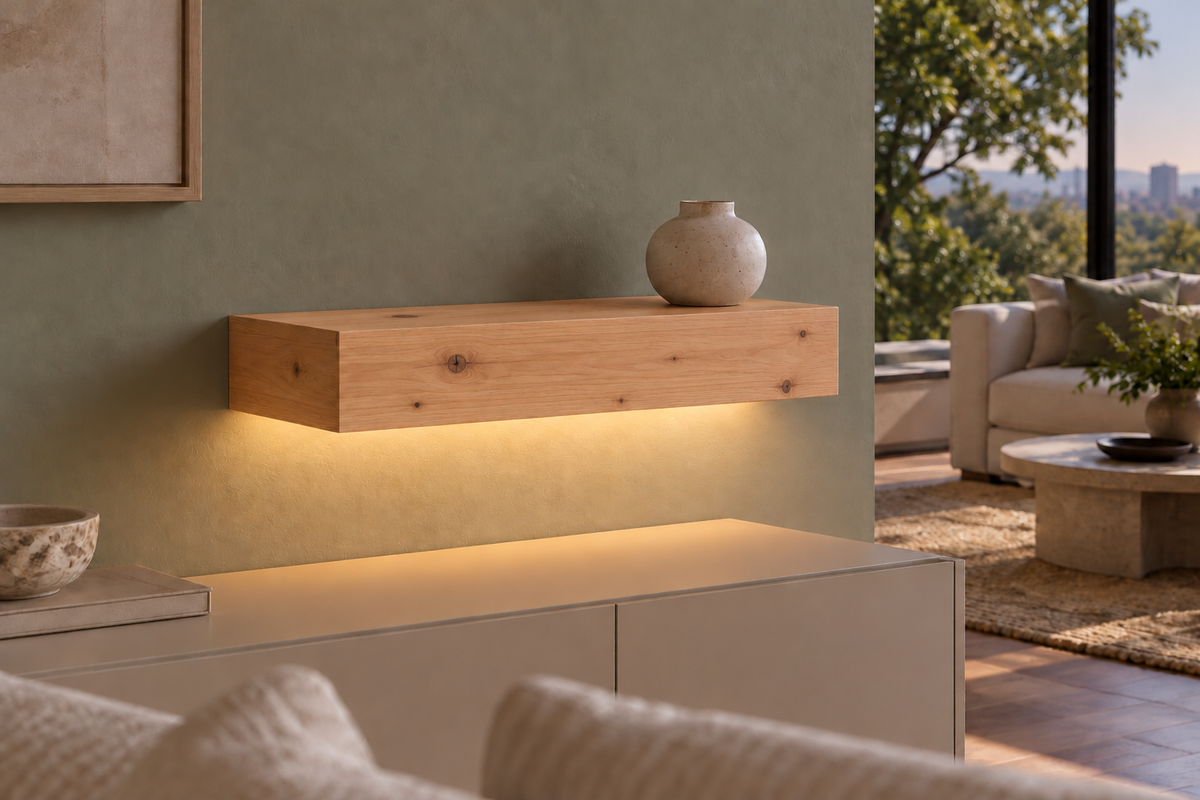 Gentry Stinson Knotty Alder Floating Shelf | 18″ long × 4″ thick | Standard Mount | Unfinished | LED Light Ready — Bottom Front room view; LED tape and electrical components supplied separately