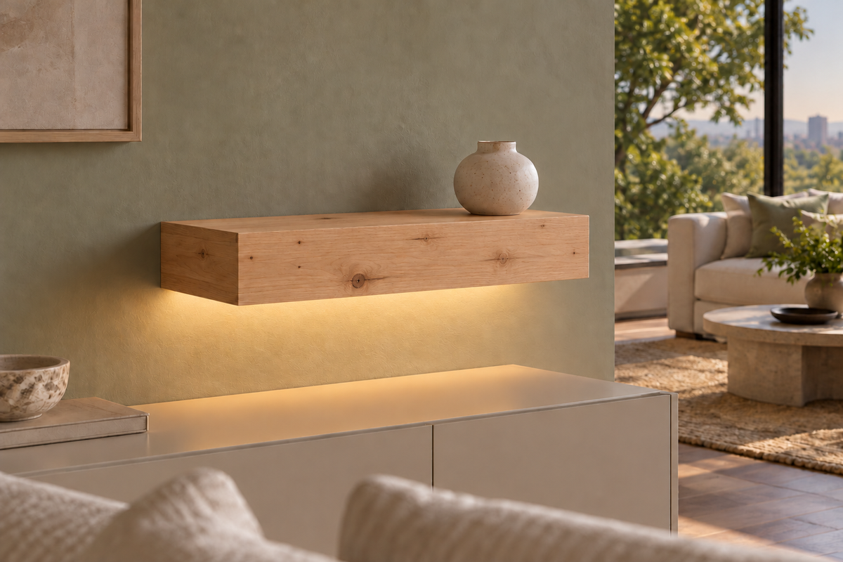 Gentry Stinson Knotty Alder Floating Shelf | 18″ long × 4″ thick | Standard Mount | Unfinished | LED Light Ready — Bottom Rear room view; LED tape and electrical components supplied separately