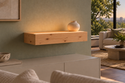 Gentry Stinson Knotty Alder Floating Shelf | 18″ long × 4″ thick | Standard Mount | Unfinished | LED Light Ready — Top Front room view; LED tape and electrical components supplied separately