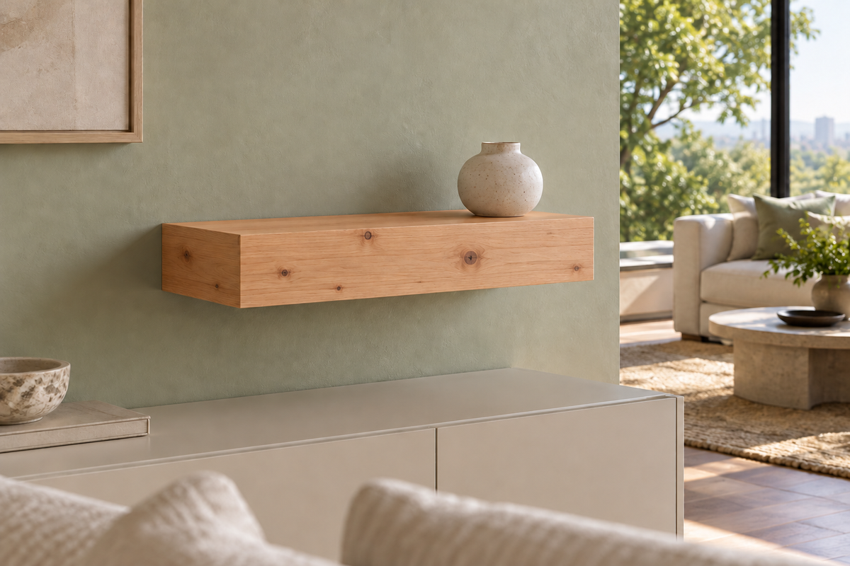 Gentry Stinson Knotty Alder Floating Shelf | 18″ long × 4″ thick | Standard Mount | Unfinished — unlit living-room rendering