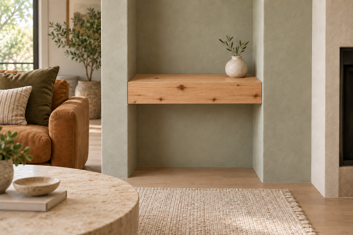 Gentry Stinson Knotty Alder Floating Shelf | 18″ long × 4″ thick | Wall to Wall | Unfinished — unlit living-room rendering