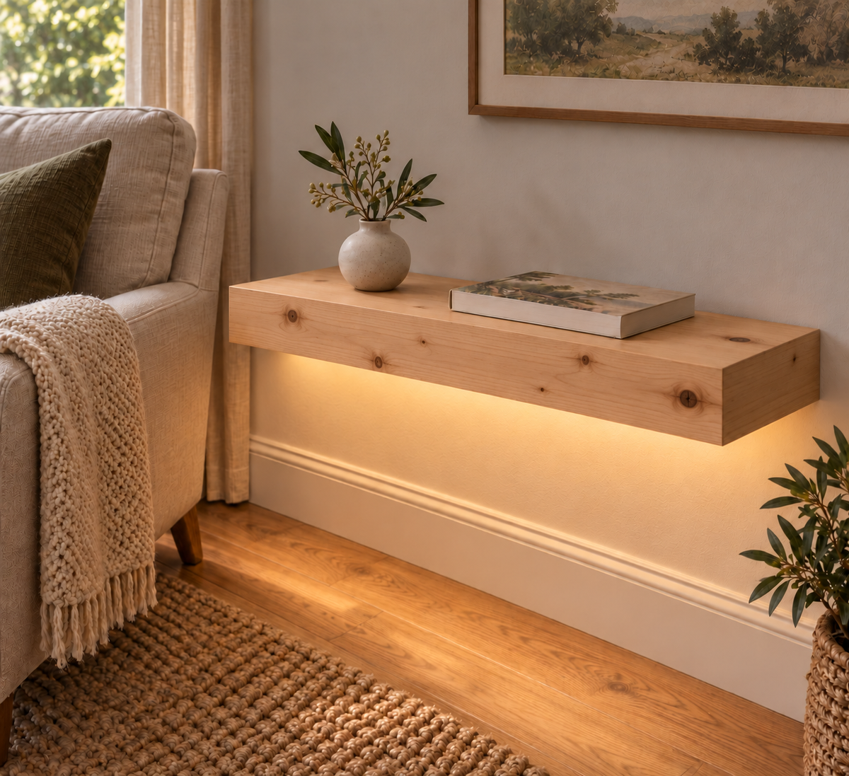 Gentry Stinson Knotty Alder Floating Shelf | 24″ long × 3″ thick | Standard Mount | Unfinished | LED Light Ready — Bottom Front lighting view; LED tape and electrical components supplied separately