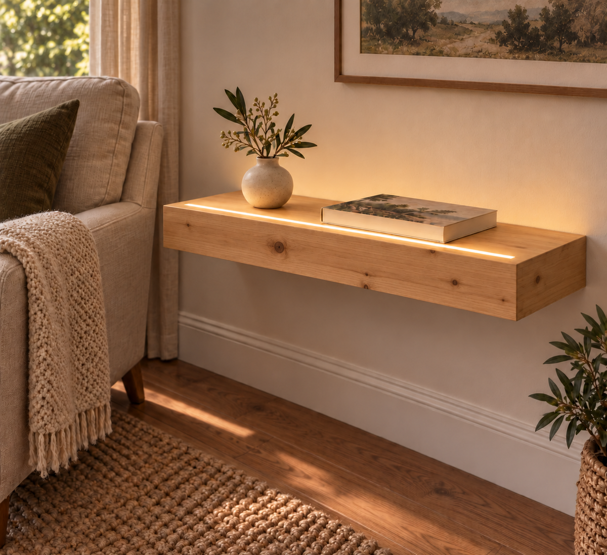 Gentry Stinson Knotty Alder Floating Shelf | 24″ long × 3″ thick | Standard Mount | Unfinished | LED Light Ready — Top Front lighting view; LED tape and electrical components supplied separately