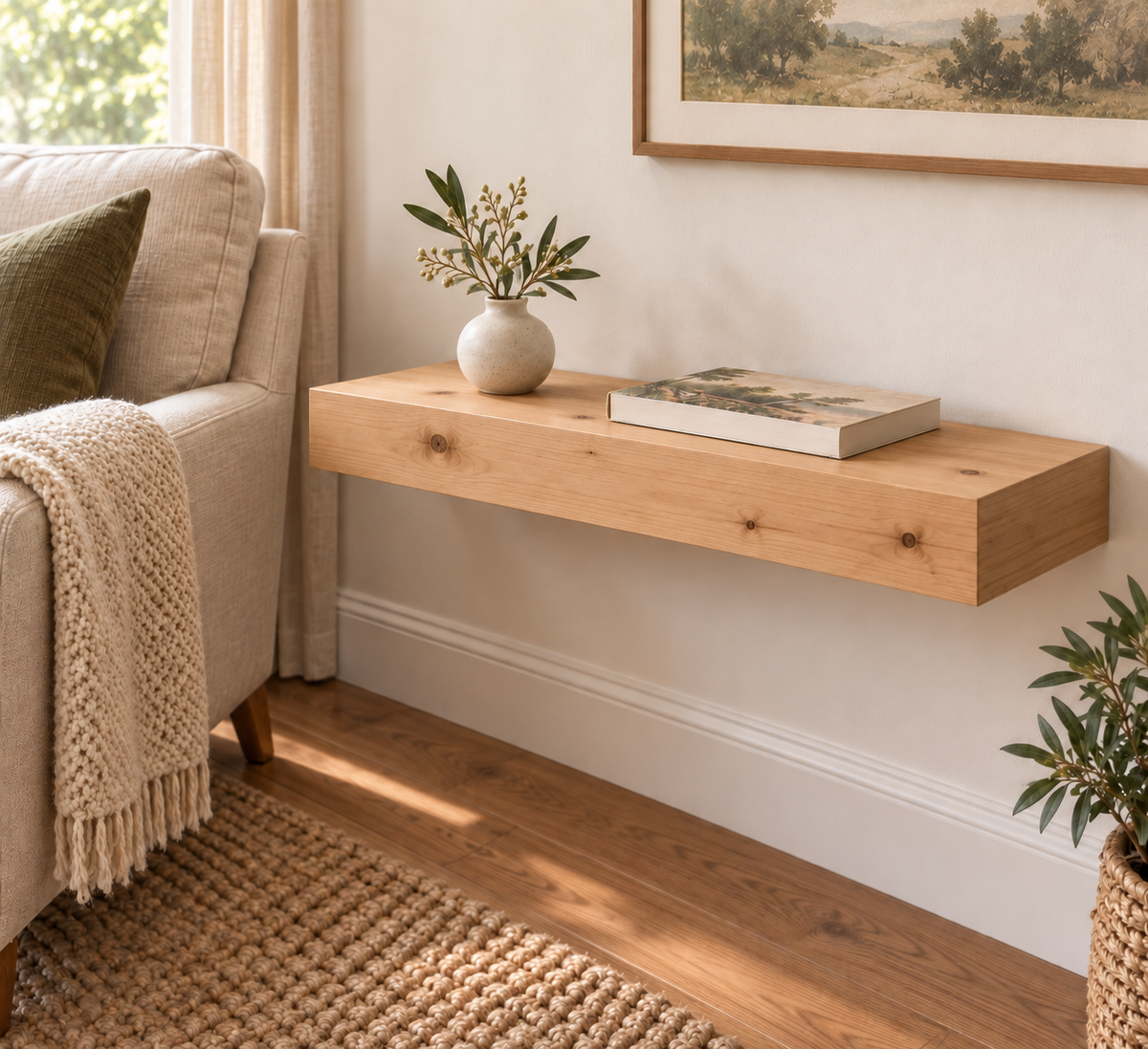 Gentry Stinson Knotty Alder Floating Shelf | 24″ long × 3″ thick | Standard Mount | Unfinished — unlit living-room rendering