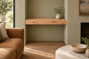 Gentry Stinson Knotty Alder Floating Shelf | 24″ long × 3″ thick | Wall to Wall | Unfinished — unlit living-room rendering