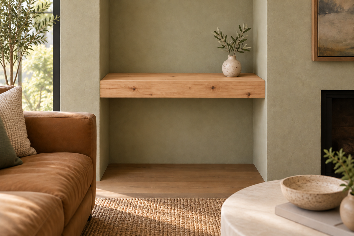 Gentry Stinson Knotty Alder Floating Shelf | 24″ long × 3″ thick | Wall to Wall | Unfinished — unlit living-room rendering