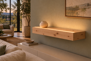 Gentry Stinson Knotty Alder Floating Shelf | 24″ long × 4″ thick | Standard Mount | Unfinished | LED Light Ready — Top Front room view; LED tape and electrical components supplied separately