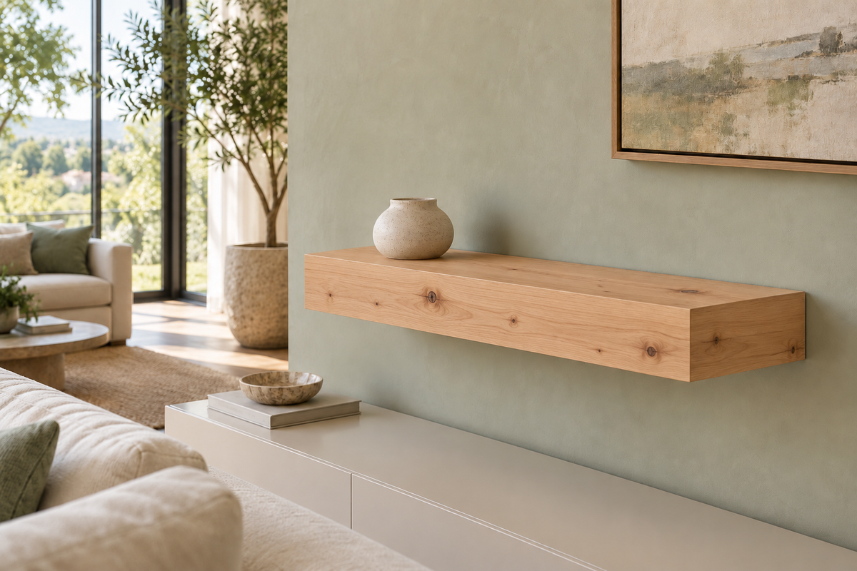 Gentry Stinson Knotty Alder Floating Shelf | 24″ long × 4″ thick | Standard Mount | Unfinished — unlit living-room rendering
