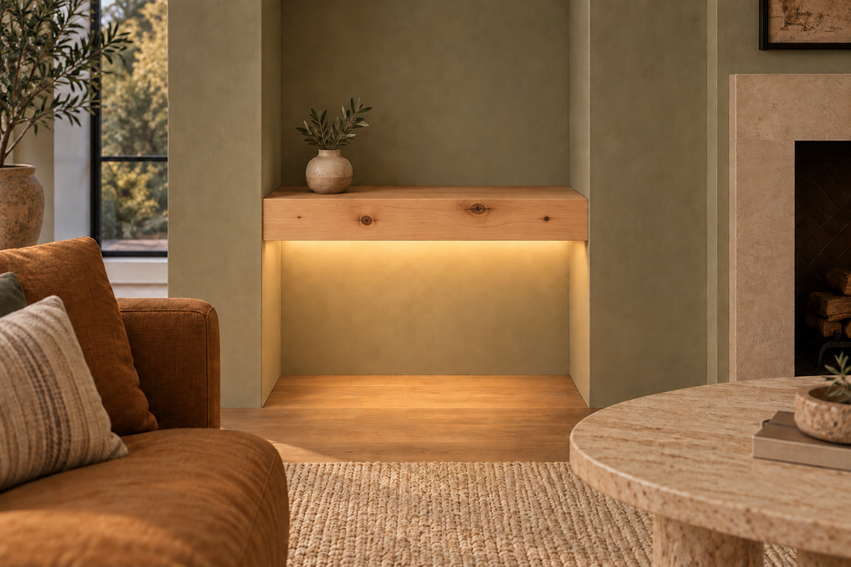 Gentry Stinson Knotty Alder Floating Shelf | 24″ long × 4″ thick | Wall to Wall | Unfinished | LED Light Ready — Bottom Front room rendering; LED tape and electrical components supplied separately