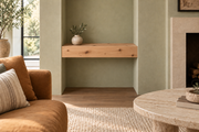 Gentry Stinson Knotty Alder Floating Shelf | 24″ long × 4″ thick | Wall to Wall | Unfinished — unlit living-room rendering