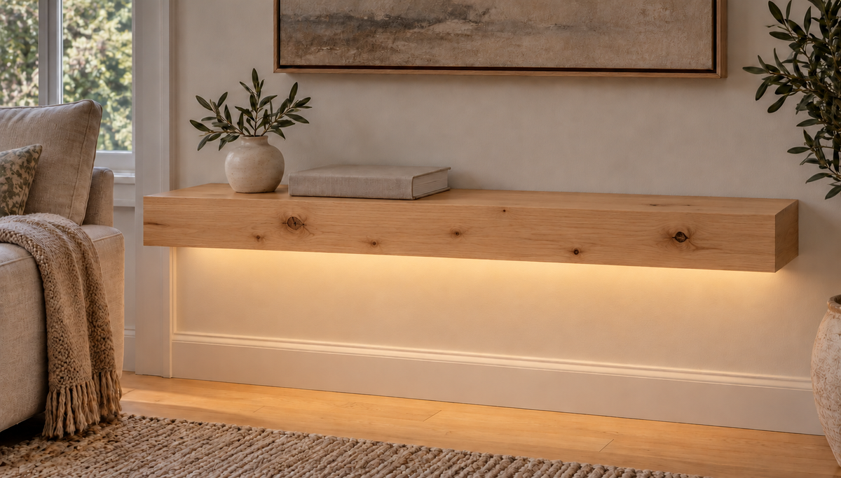 Gentry Stinson Knotty Alder Floating Shelf | 30″ long × 3″ thick | Standard Mount | Unfinished | LED Light Ready — Bottom Front lighting view; LED tape and electrical components supplied separately
