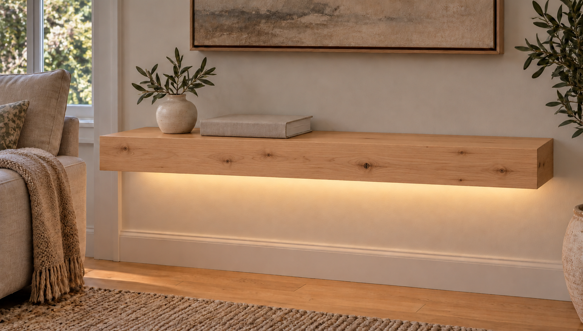 Gentry Stinson Knotty Alder Floating Shelf | 30″ long × 3″ thick | Standard Mount | Unfinished | LED Light Ready — Bottom Rear lighting view; LED tape and electrical components supplied separately