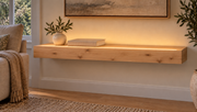 Gentry Stinson Knotty Alder Floating Shelf | 30″ long × 3″ thick | Standard Mount | Unfinished | LED Light Ready — Top Front lighting view; LED tape and electrical components supplied separately