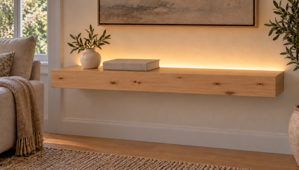 Gentry Stinson Knotty Alder Floating Shelf | 30″ long × 3″ thick | Standard Mount | Unfinished | LED Light Ready — Top Rear lighting view; LED tape and electrical components supplied separately