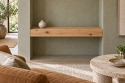 Gentry Stinson Knotty Alder Floating Shelf | 30″ long × 4″ thick | Wall to Wall | Unfinished — unlit room view
