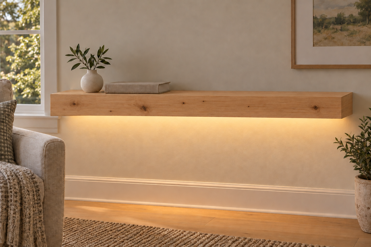 Gentry Stinson Knotty Alder Floating Shelf | 36″ long × 3″ thick | Standard Mount | Unfinished | LED Light Ready — Bottom Front room view; LED tape and electrical components supplied separately