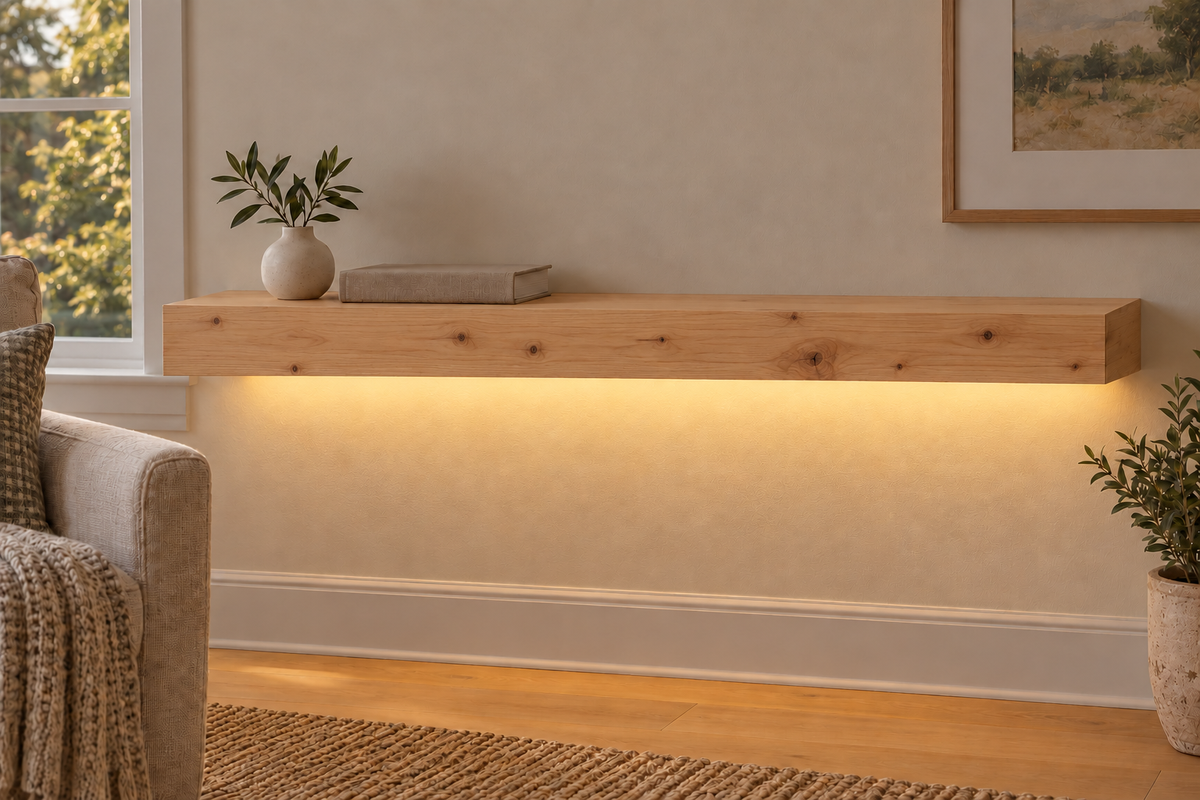 Gentry Stinson Knotty Alder Floating Shelf | 36″ long × 3″ thick | Standard Mount | Unfinished | LED Light Ready — Bottom Rear room view; LED tape and electrical components supplied separately