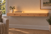 Gentry Stinson Knotty Alder Floating Shelf | 36″ long × 3″ thick | Standard Mount | Unfinished | LED Light Ready — Top Front room view; LED tape and electrical components supplied separately