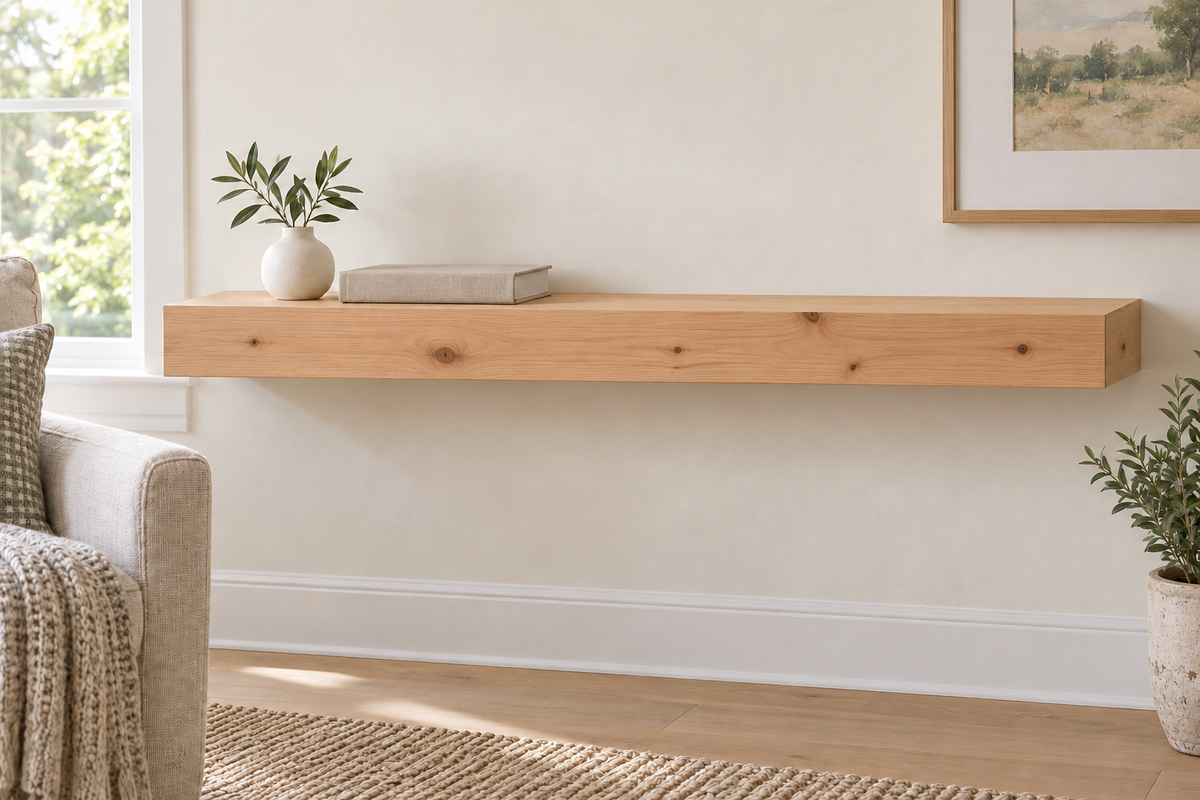 Gentry Stinson Knotty Alder Floating Shelf | 36″ long × 3″ thick | Standard Mount | Unfinished — unlit living-room rendering