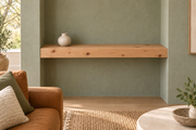 Gentry Stinson Knotty Alder Floating Shelf | 36″ long × 3″ thick | Wall to Wall | Unfinished — unlit living-room rendering