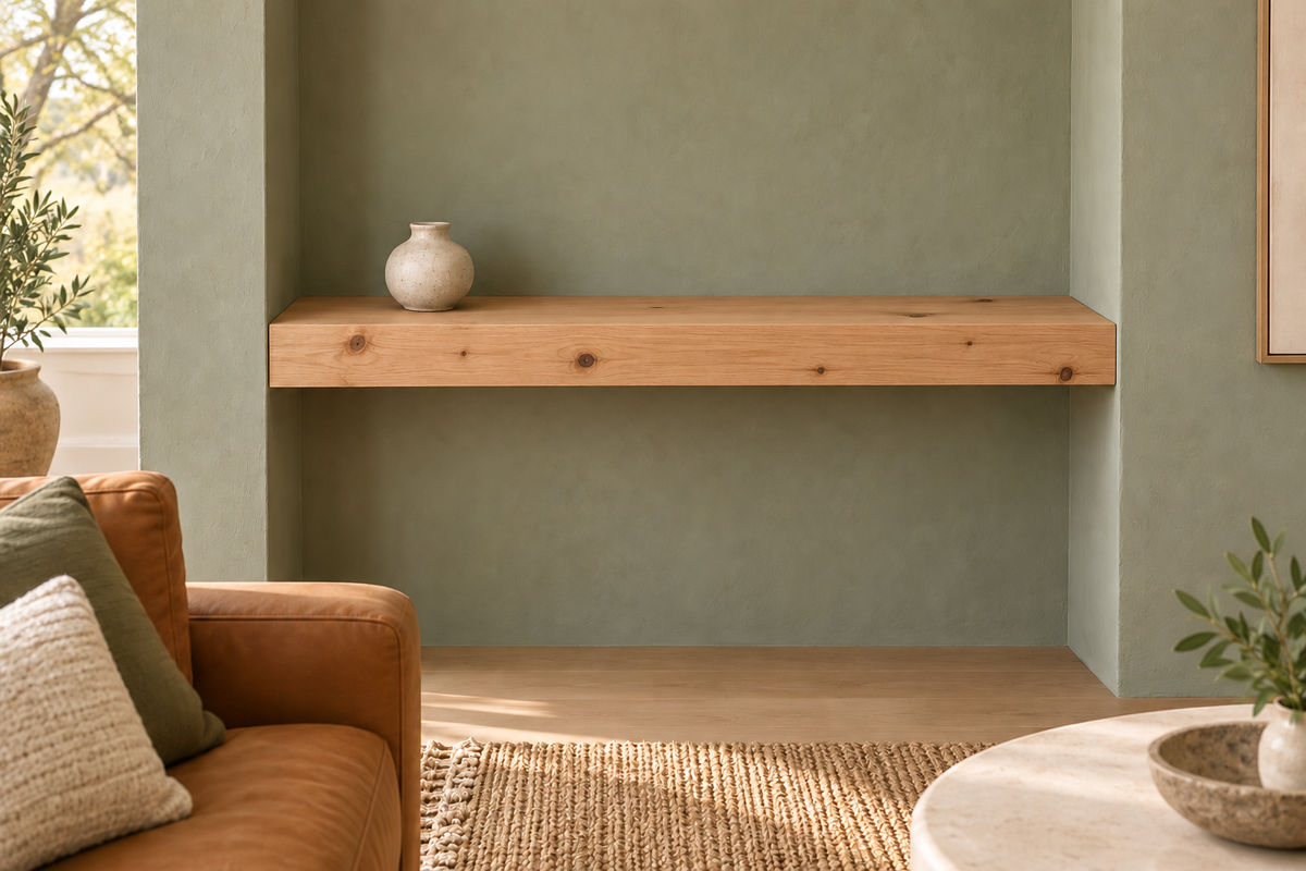 Gentry Stinson Knotty Alder Floating Shelf | 36″ long × 3″ thick | Wall to Wall | Unfinished — unlit living-room rendering