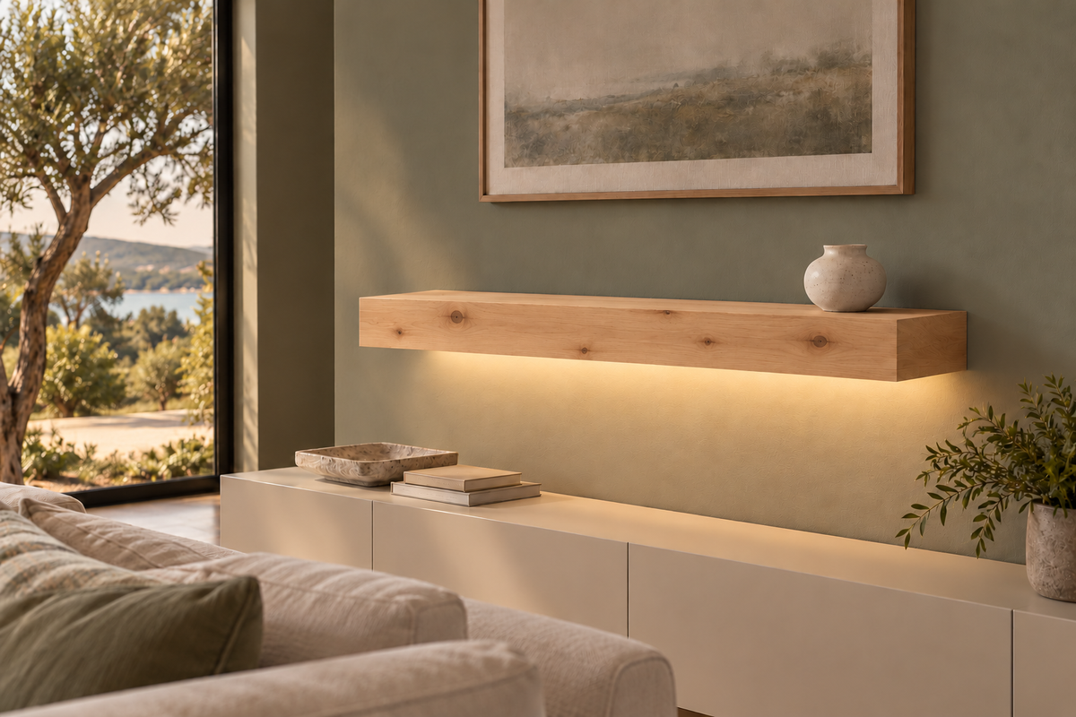 Gentry Stinson Knotty Alder Floating Shelf | 36″ long × 4″ thick | Standard Mount | Unfinished | LED Light Ready — Bottom Rear room view; LED tape and electrical components supplied separately