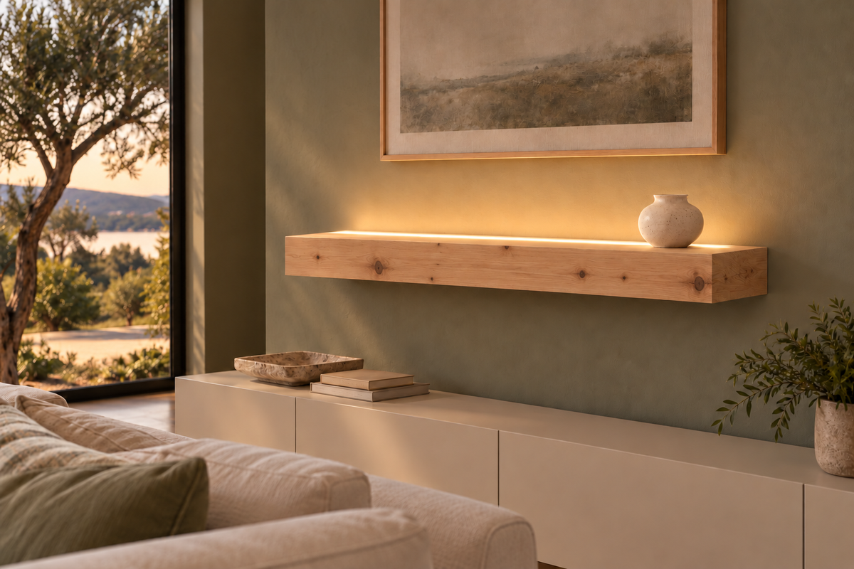 Gentry Stinson Knotty Alder Floating Shelf | 36″ long × 4″ thick | Standard Mount | Unfinished | LED Light Ready — Top Front room view; LED tape and electrical components supplied separately