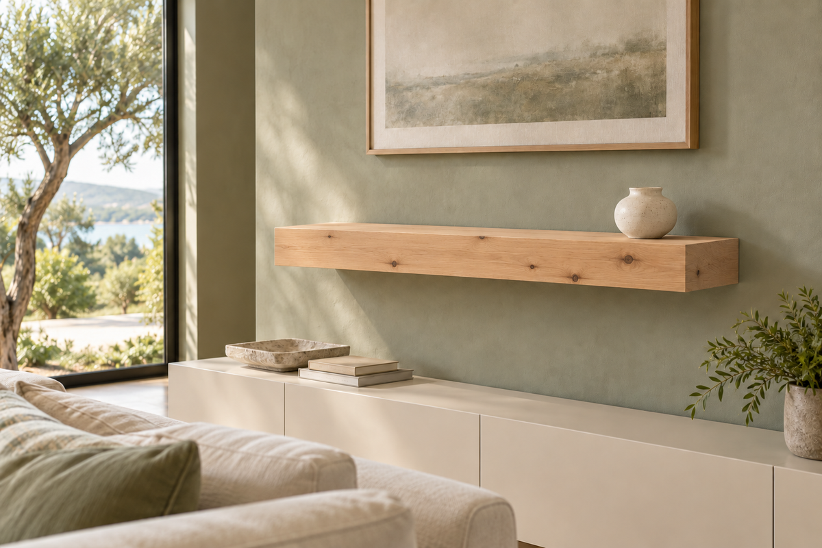 Gentry Stinson Knotty Alder Floating Shelf | 36″ long × 4″ thick | Standard Mount | Unfinished — unlit living-room rendering
