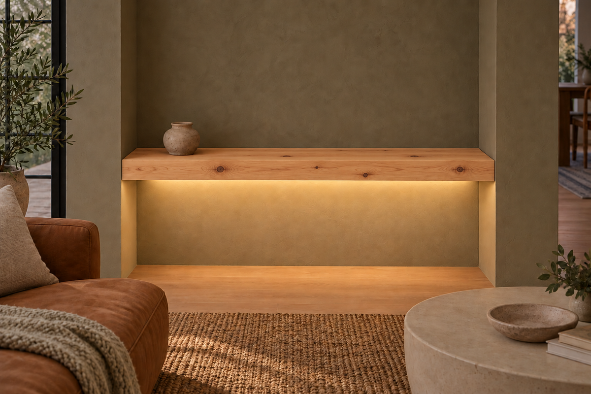 Gentry Stinson Knotty Alder Floating Shelf | 42″ long × 3″ thick | Wall to Wall | Unfinished | LED Light Ready — Bottom Front room rendering; LED tape and electrical components supplied separately