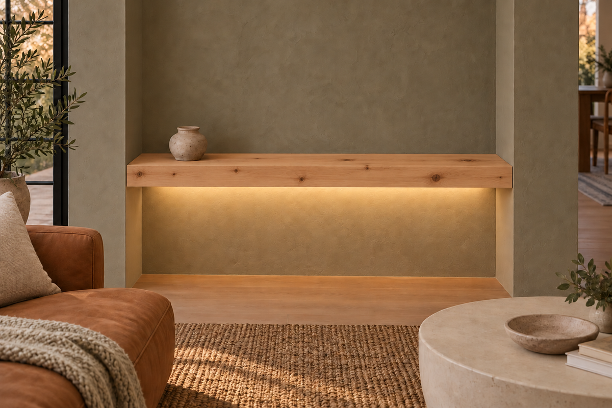 Gentry Stinson Knotty Alder Floating Shelf | 42″ long × 3″ thick | Wall to Wall | Unfinished | LED Light Ready — Bottom Rear room rendering; LED tape and electrical components supplied separately
