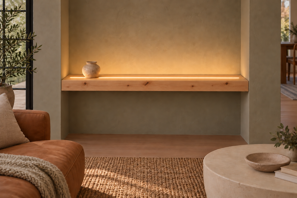 Gentry Stinson Knotty Alder Floating Shelf | 42″ long × 3″ thick | Wall to Wall | Unfinished | LED Light Ready — Top Front room rendering; LED tape and electrical components supplied separately