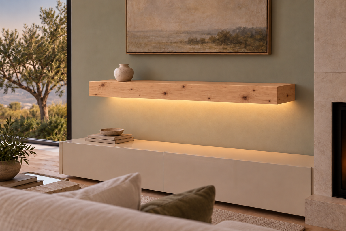 Gentry Stinson Knotty Alder Floating Shelf | 42″ long × 4″ thick | Standard Mount | Unfinished | LED Light Ready — Bottom Rear room view; LED tape and electrical components supplied separately