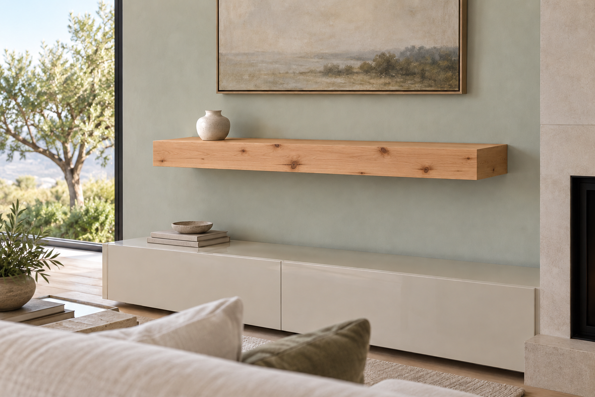 Gentry Stinson Knotty Alder Floating Shelf | 42″ long × 4″ thick | Standard Mount | Unfinished — unlit living-room rendering