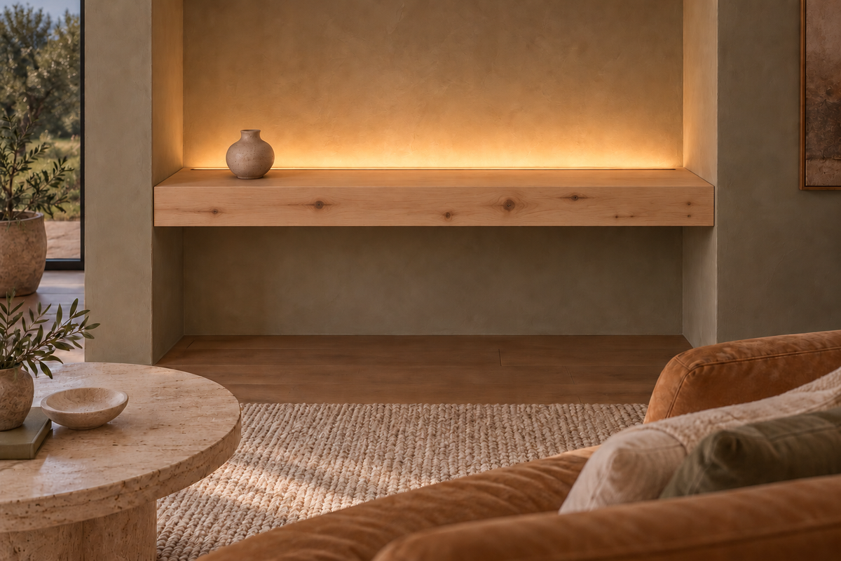 Gentry Stinson Knotty Alder Floating Shelf | 42″ long × 4″ thick | Wall to Wall | Unfinished | LED Light Ready — Top Rear room rendering; LED tape and electrical components supplied separately