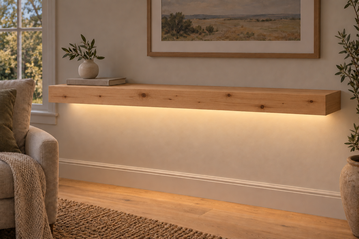Gentry Stinson Knotty Alder Floating Shelf | 48″ long × 3″ thick | Standard Mount | Unfinished | LED Light Ready — Bottom Front room view; LED tape and electrical components supplied separately